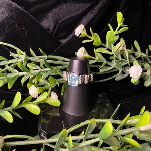 Klein Blue Emerald Cut Moissanite Sterling Silver Sz 7.5